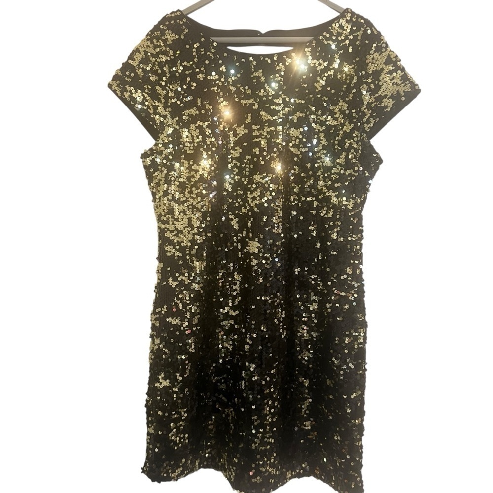 Anthropologie skies are blue Black and Gold Sequin dress date wedding formal
